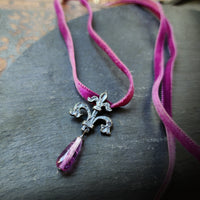 fleur de lis amulet - antiqued sterling with fluorite on velvet